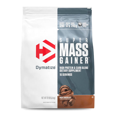 Super Mass Gainer Dymatize 12 lb sabor Rich Chocolate - ganador de peso con 1280 calorías y 52 g de proteína por porción, certificado Informed Choice - vista frontal del envase