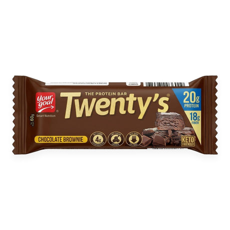 Barra de proteína Twentys Your Goal sabor Chocolate Brownie 60g - 20 g de proteína por porción, keto friendly - vista frontal del envase