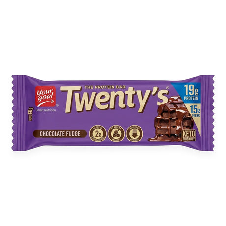 Barra de proteína Twentys Your Goal sabor Chocolate Fudge 60g - 19 g de proteína por porción, keto friendly - vista frontal del envase