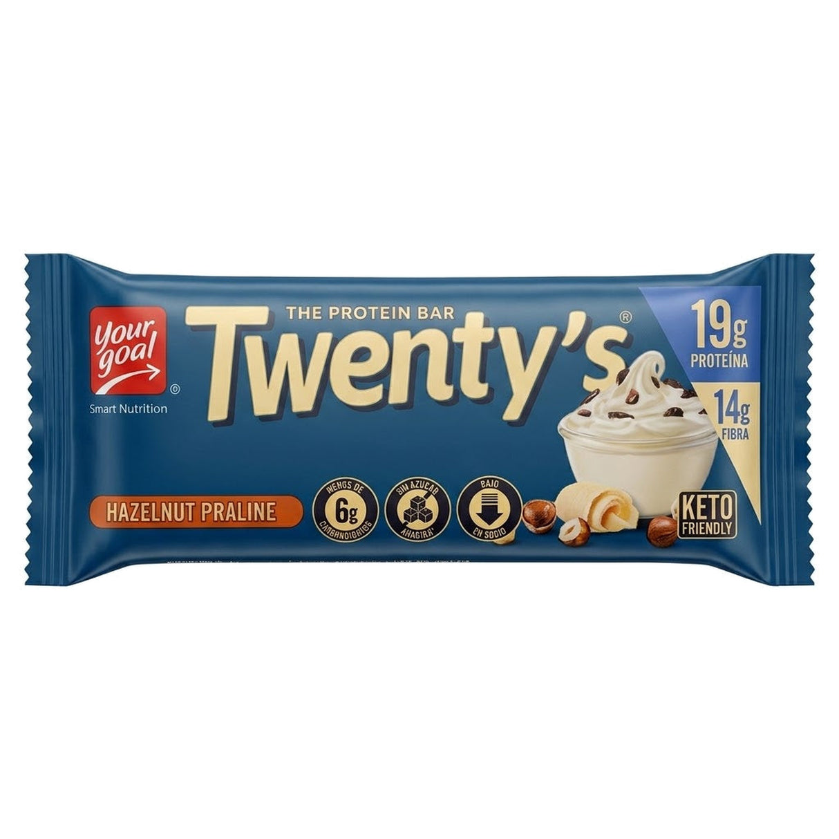 Barra de proteína Twentys Your Goal sabor Hazelnut Praline 60g - 19 g de proteína por porción, keto friendly - vista frontal del envase