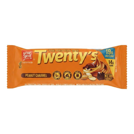 Barra de proteína Twentys Your Goal sabor Peanut Caramel 60g - 19 g de proteína por porción, keto friendly - vista frontal del envase