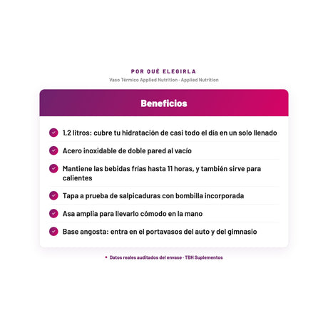 Vaso Térmico Applied Nutrition — 1,2 litros: cubre tu hidratación de casi todo el día en un solo llenado; Acero inoxidable de doble pared al vacío; Mantiene las bebidas frías hasta 11 horas, y también sirve para calientes; Tapa a prueba de salpicaduras con bombilla incorporada; Asa amplia para llevarlo cómodo en la mano; Base angosta: entra en el portavasos del auto y del gimnasio