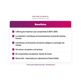 Vitamina C 1.000 mg Infor — 1.000 mg de vitamina C por comprimido (1.667% DDR); La vitamina C contribuye al funcionamiento normal del sistema inmune; Contribuye a la formación normal de colágeno y a proteger las células; Sin azúcar, sin gluten y sin lactosa; 60 comprimidos recubiertos, fáciles de tomar; Marca Infor · importado por Laboratorios Prater (Chile)