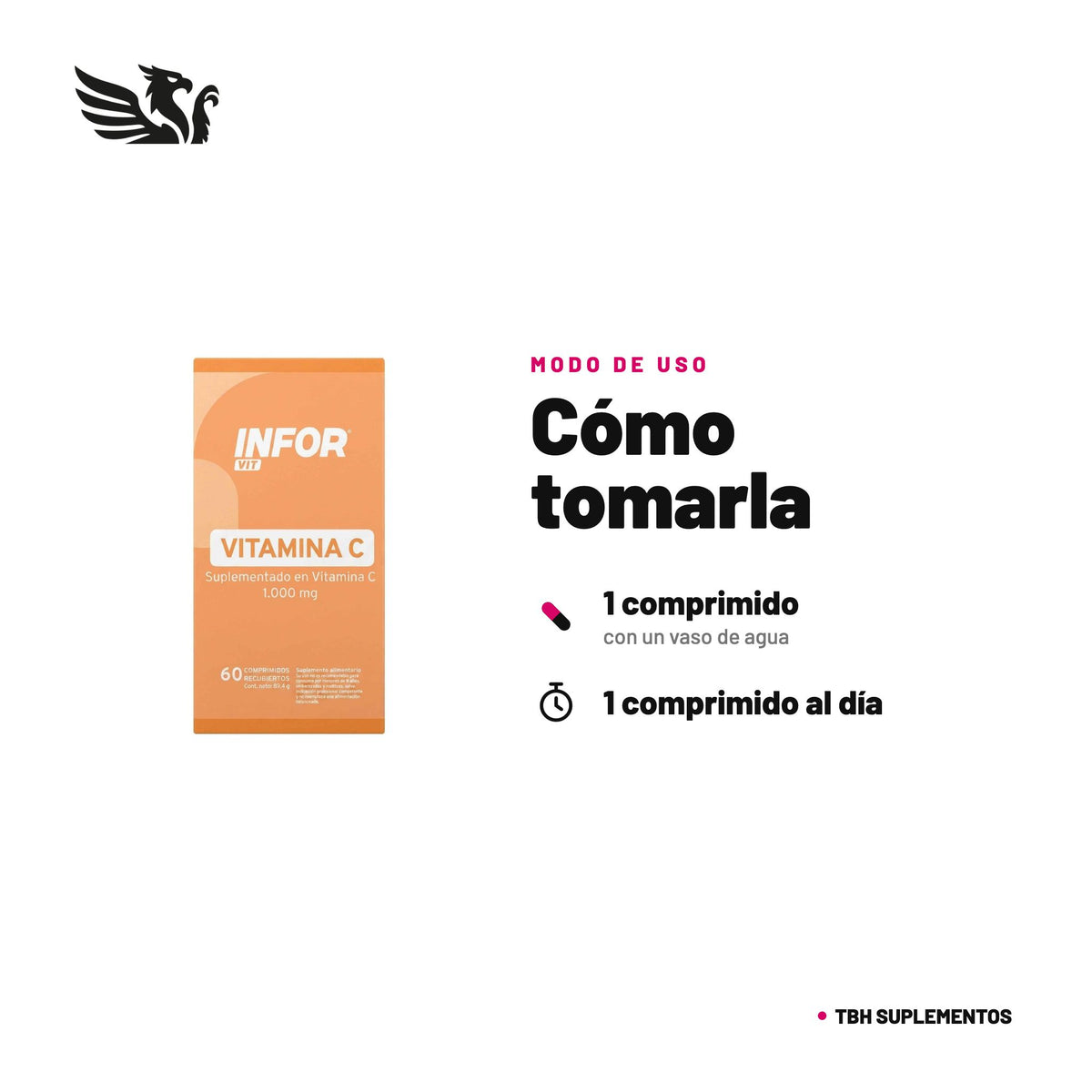 Vitamina C 1.000 mg Infor — cómo tomarla, modo de uso: Toma 1 comprimido al día con un vaso de agua. Máximo 1 comprimido al día. No superar la dosis recomendada. 100% original, envío a todo Chile.