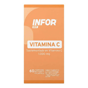 Vitamina C 1.000 mg de Infor — 60 comprimidos recubiertos de ácido ascórbico, sin azúcar, gluten ni lactosa — caja