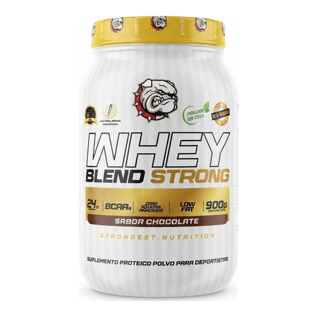 Proteína Whey Blend Strong Strongest Nutrition sabor Chocolate, formato 900 g — mezcla de proteína de suero, 22 g de proteína por porción — vista frontal del envase