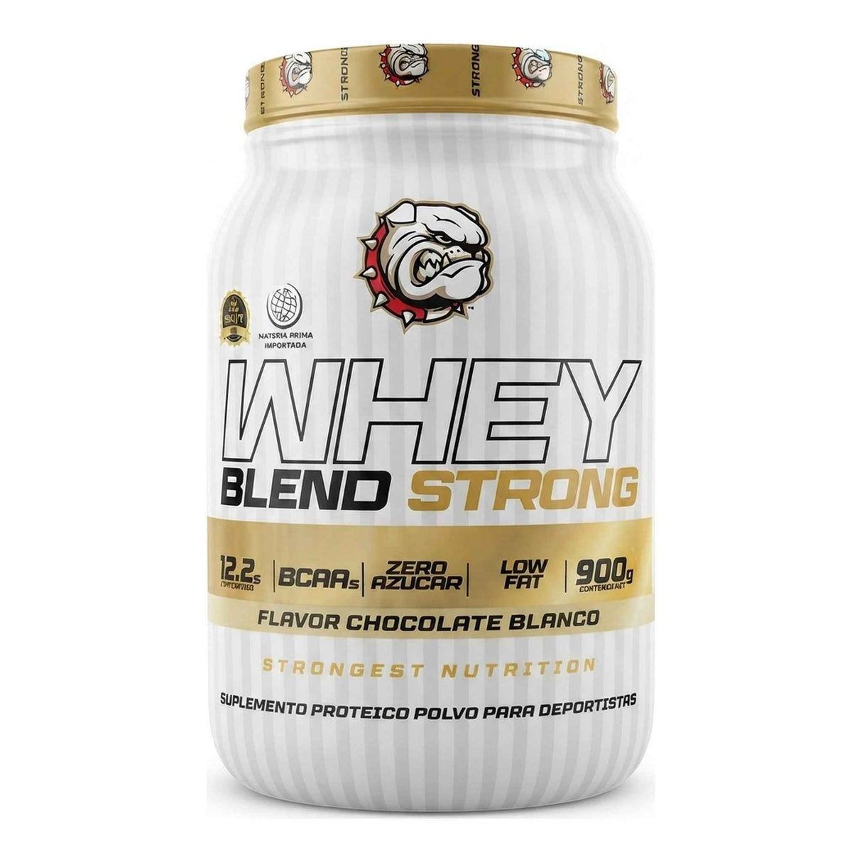 Proteína Whey Blend Strong Strongest Nutrition sabor Chocolate Blanco — mezcla de proteína de suero, 22 g de proteína por porción — vista frontal del envase