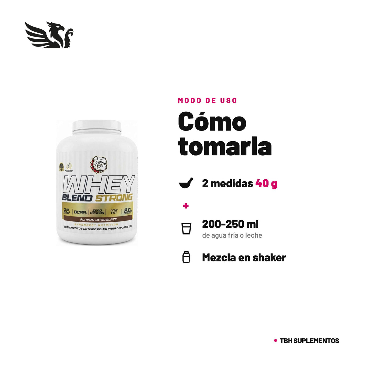 Whey Blend Strong — cómo tomarla, modo de uso: Diluir 2 medidas (40 g) en 200-250 ml de agua fría o leche, 1 porción al día o según tu requerimiento de proteína. Agita hasta disolver. 100% original, envío a todo Chile.