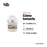 Whey Blend Strong — cómo tomarla, modo de uso: Diluir 2 medidas (40 g) en 200-250 ml de agua fría o leche, 1 porción al día o según tu requerimiento de proteína. Agita hasta disolver. 100% original, envío a todo Chile.