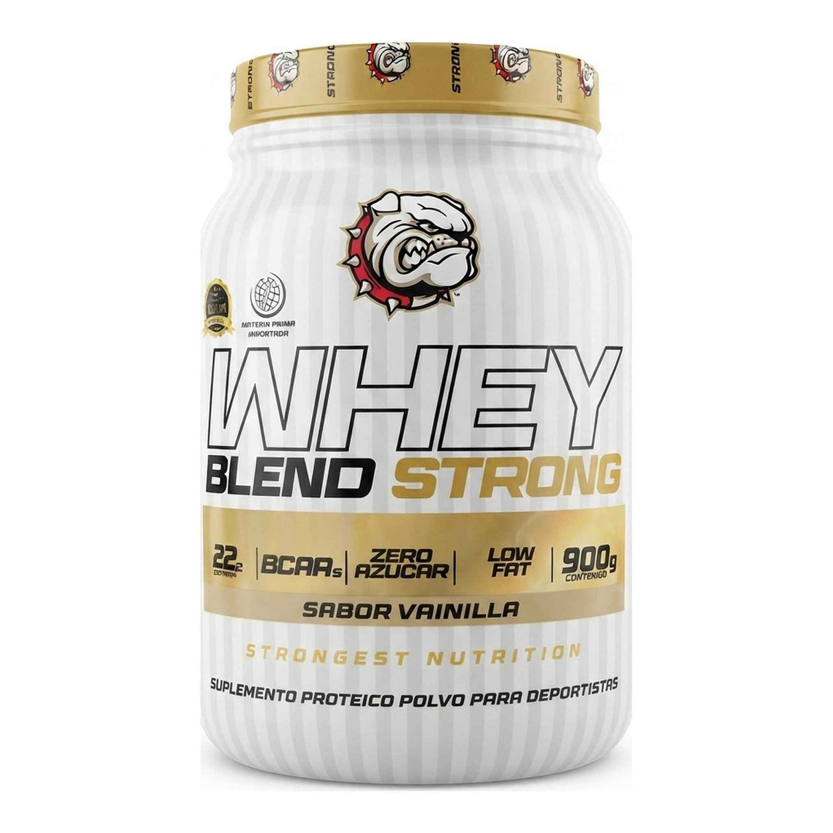 Proteína Whey Blend Strong Strongest Nutrition sabor Vainilla — mezcla de proteína de suero, 22 g de proteína por porción — vista frontal del envase