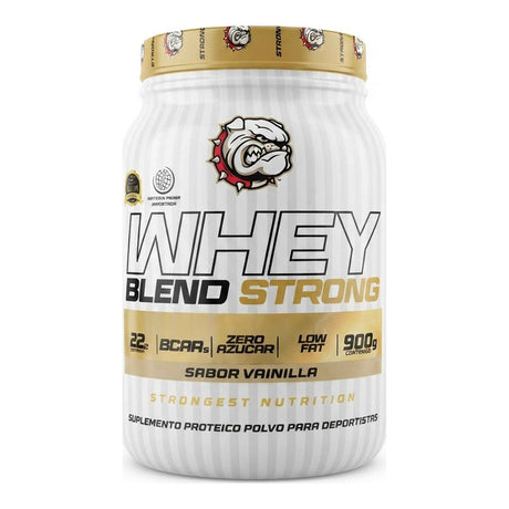 Proteína Whey Blend Strong Strongest Nutrition sabor Vainilla — mezcla de proteína de suero, 22 g de proteína por porción — vista frontal del envase