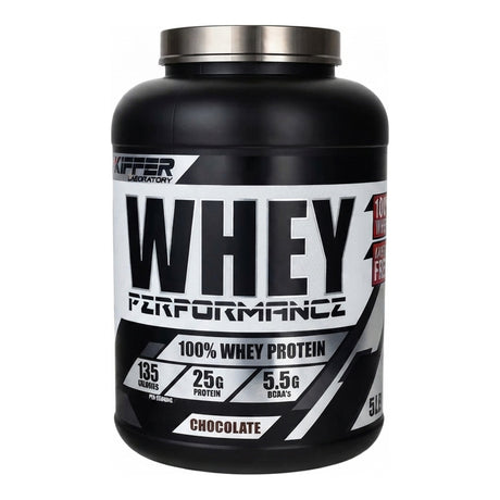 Proteína Whey Performance Kiffer 5 lb sabor Chocolate — 25 g de proteína sin lactosa por porción — vista frontal del envase