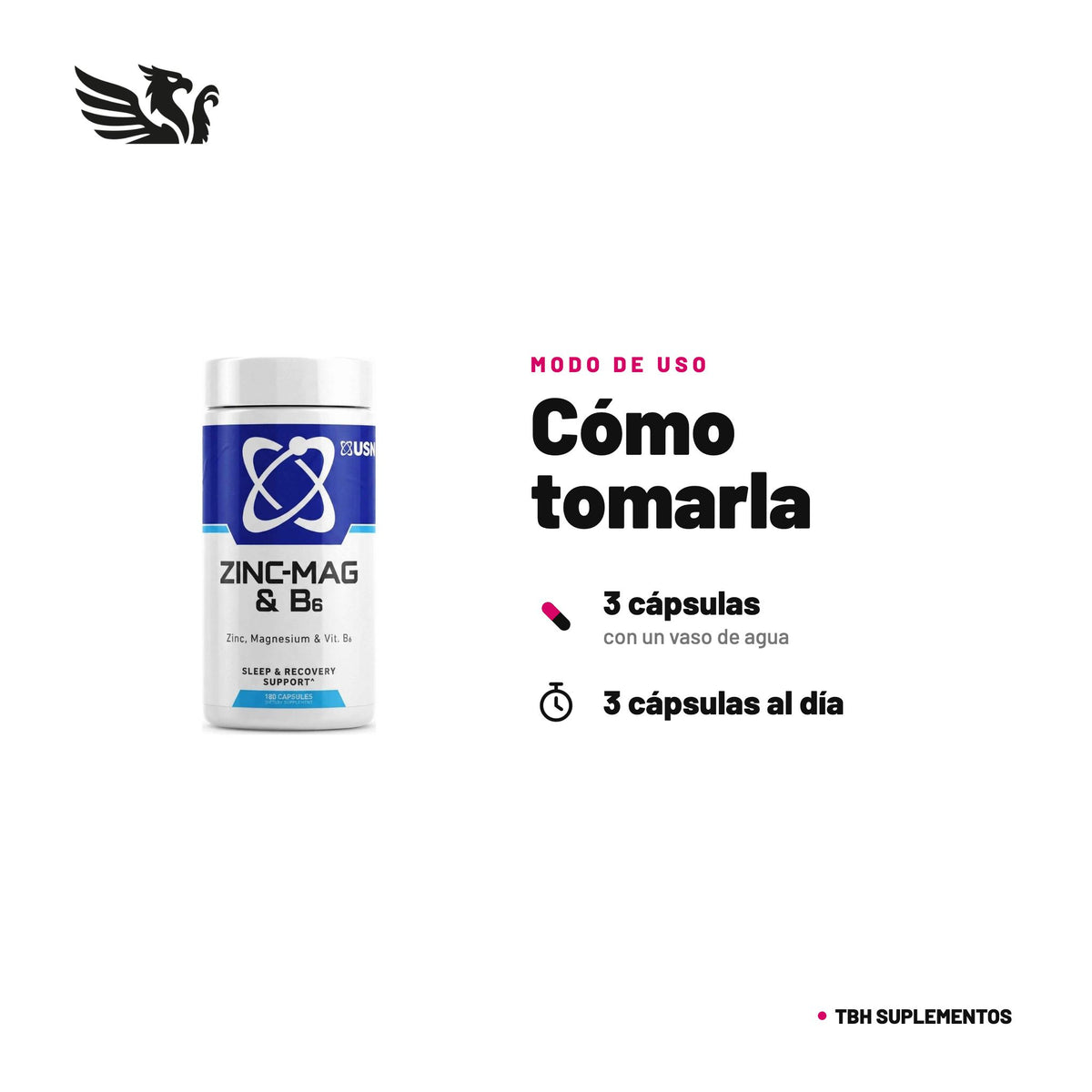 Zinc-Mag & B6 USN — cómo tomarla, modo de uso: Toma 3 cápsulas al día. No superar la dosis diaria recomendada. Producto para adultos. 100% original, envío a todo Chile.